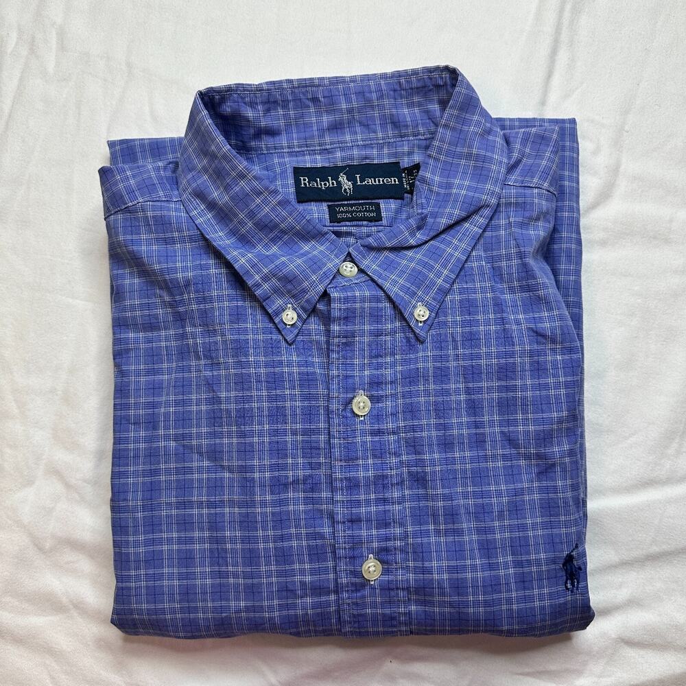 Ralph Lauren Mens Shirt 17 34/35 Yarmouth Blue Plaid Pony Button Up Long Sleeve